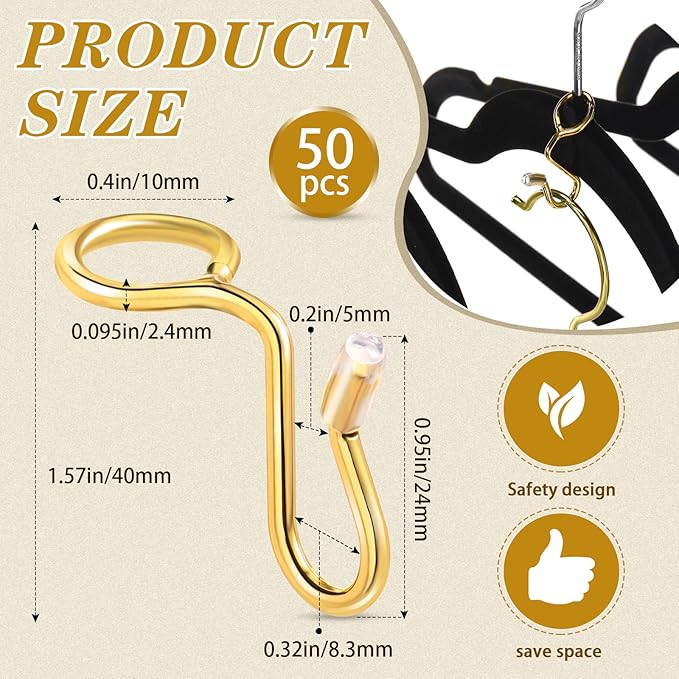 Sratte 50 Pieces Clothes Hanger Connector Hooks, Metal Clips Extender Hooks for Velvet Hangers Closet Space Saving(Gold,50 Pieces)