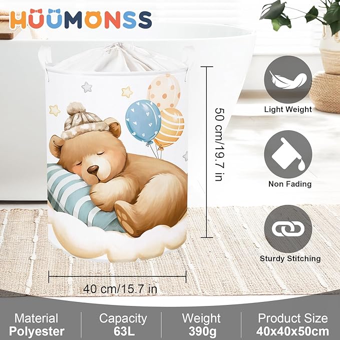 Sleeping Animals Baby Laundry Hamper Collapsible Clothes Kids Storage Basket Large Boys Girls Gift Toy Box Bin for Nursery, Bear, 63L