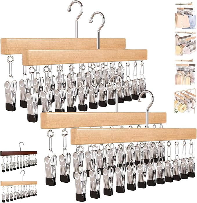 2026 New Closet Organizer with 10 Clips - Space Saving Hanging Closet Organizer, 12 Clips, Closet Organizers and Storage, 360° Rotating, for Jeans, Hats, Shorts, Socks (Nature*4)