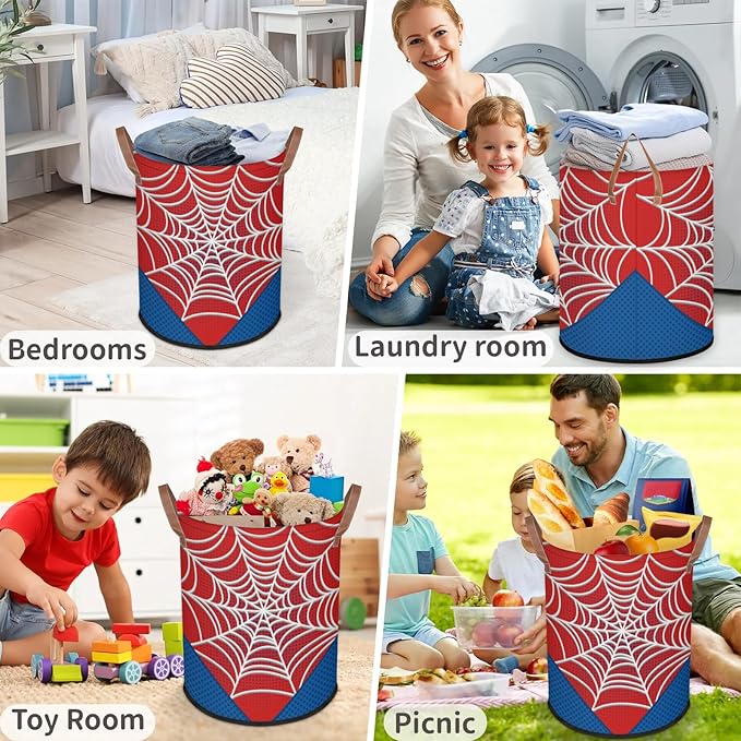 Large Laundry Hamper Basket Red Spider Web Round Collapsible Storage Organizer Bin for Kids Room, Boys, Nursery, Closet, Bedroom, Playroom, Toys, Dirty Clothes, 16"W x 20"H