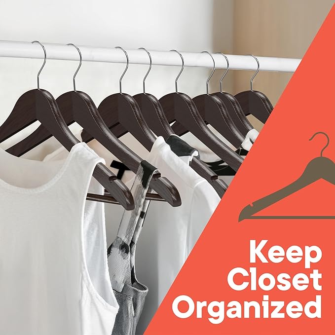 Brown Wooden Hangers 30 Pack – Heavy-Duty with 360° Swivel Hook, Non-Slip, Pants Bar & Shoulder Grooves - Wooden Hangers for Suits, Jackets, Dresses & Camisoles, Space-Saving and Smooth Finish