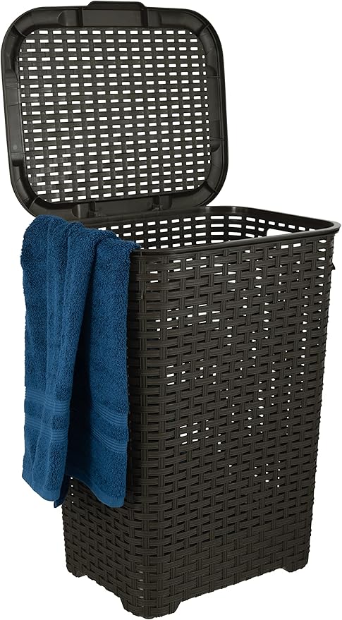 Laundry Hamper Basket With Lid 60 Liter - Deluxe Wicker Style Brown Color - 1.70 Bushel Bin With Cutout Handles To Storage Dirty Cloths in Washroom Bathroom, Or Bedroom. By Superio