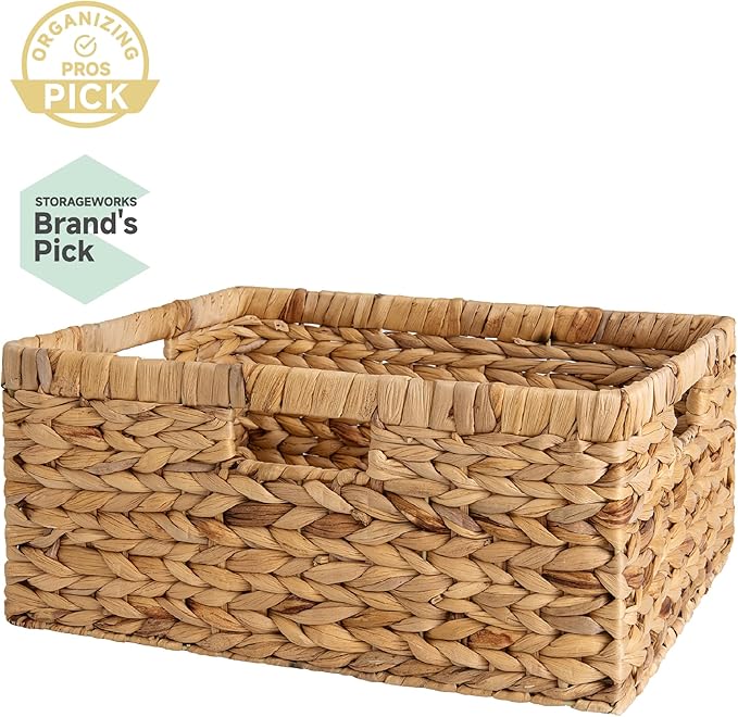 StorageWorks Extra Large Wicker Baskets for Organizing, Water Hyacinth Storage Basket with Built-in Handles, 1 Pack