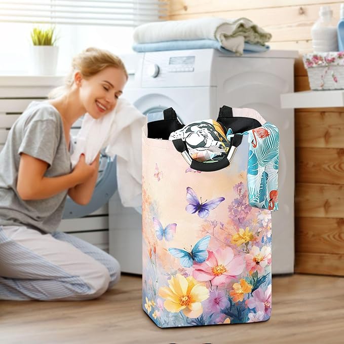 xigua Colorful Flowers and Butterflies Large Laundry Hamper with Handle, Foldable Clothes Hamper Collapsible Storage Basket for Toys and Clothes Organization in Bedroom, Bathroom, and Laundry Room