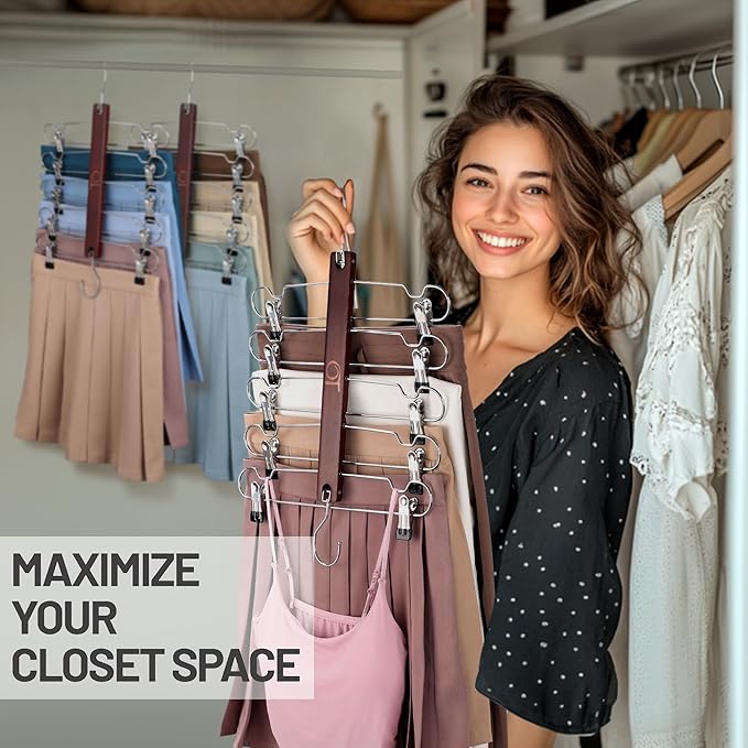 2 Pack Skirt Hangers with Clips, Space Saving Beechwood 5 Tier Pants Hangers with 360° Swivel Hook, Closet Organizer for Skirts, Pants, Tank Top-College Dorm Room Essentials (Brown)