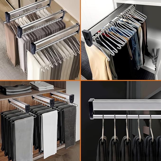 Pull Out Valet Rods for Closets, Clothes Hanger Rail Slide Out Adjustable Heavy Duty Stainless Steel Clothes Storage Hanger Rack for Pants Coats Top Mounted Wardrobe Pants Hanger(350mm/13.7inch)