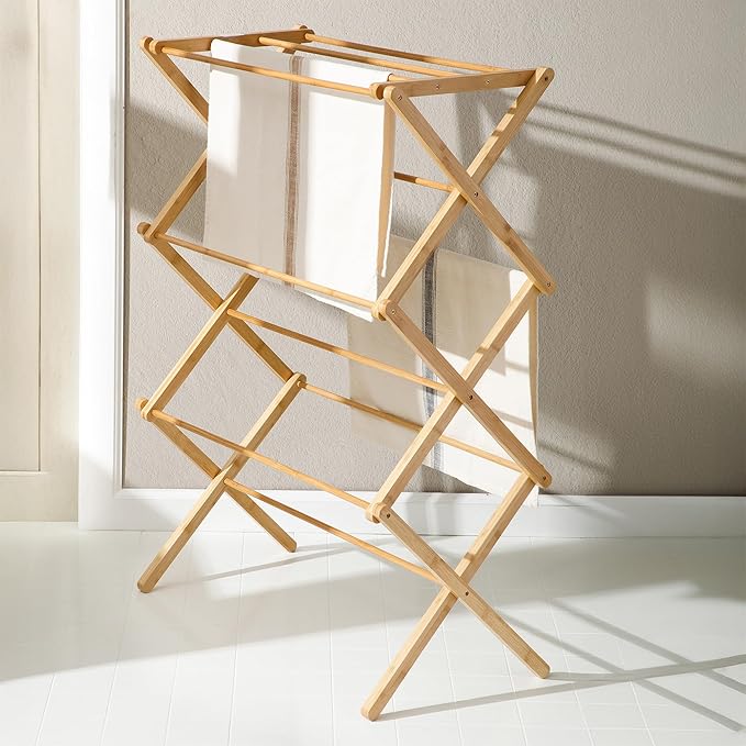 Gibson Home Riverrun Foldable Bamboo Drying Rack for Clothes & Towels – 2-Tier Collapsible Laundry Drying Rack, Space-Saving Air Dry Stand for Clothes, Towels, Blankets, etc for Indoor & Outdoor Use