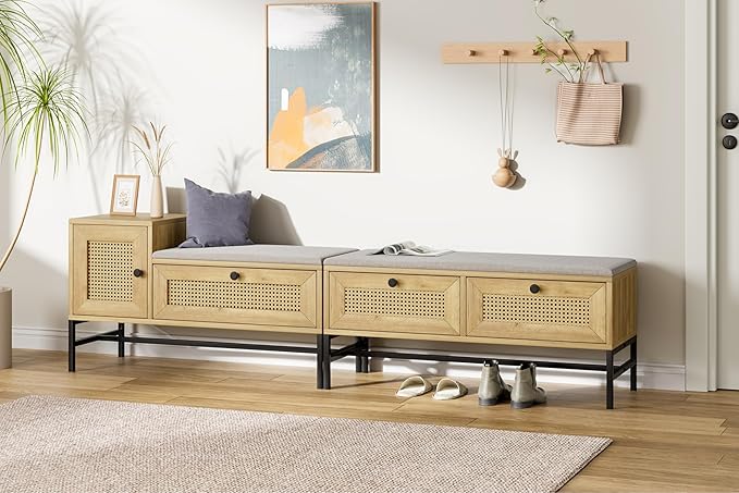GarveeHome Rattan Shoe Bench with Linen Seat Cushion, Entryway Bench with Storage Cabinet, Wooden Storage Bench for Hallway and Bedroom, Natural Oak