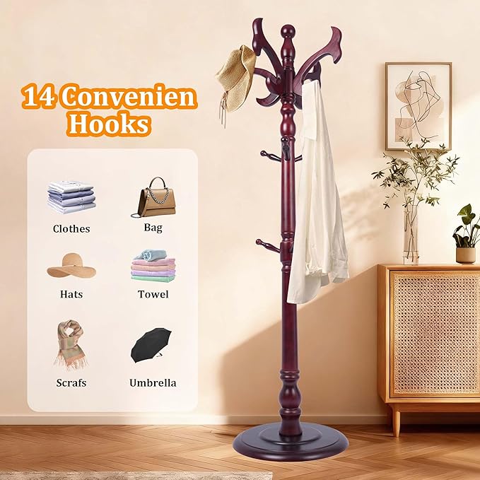 72“ Modern Wooden Coat Rack Freestanding Wood Coat Tree Heavy Duty with Hooks and Sturdy Round Base Coat Hanger Stand for Entrance, Office, Corridor