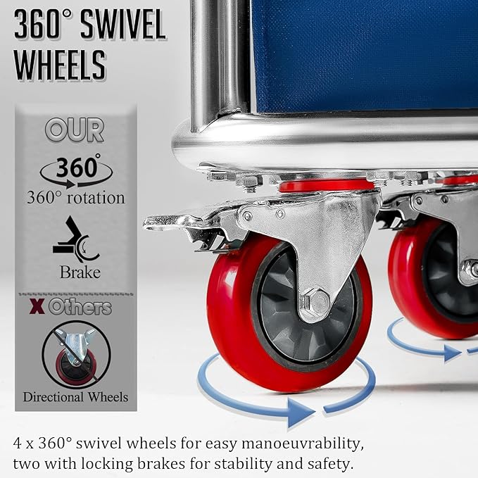 Commercial Laundry Cart with Wheels Heavy Duty Rolling Laundry Cart Large Laundry Baskets on Wheels with Stainless Steel Frame, 11.35 Bushel, 330LBS Load, 10 Tubes