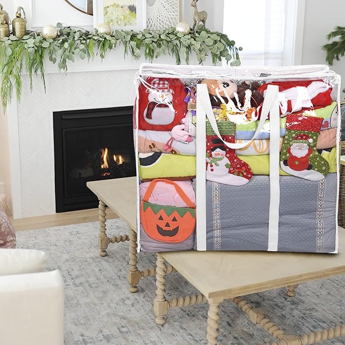ProPik Clear Storage Bag Gift Wrap Clothes Organizer Big Zippered Christmas Decorations Storage Vinyl Bag for Under Bed Moving Bedding Linen Pillow Blanket Cloth Bag Reinforced Handles (White, 3)
