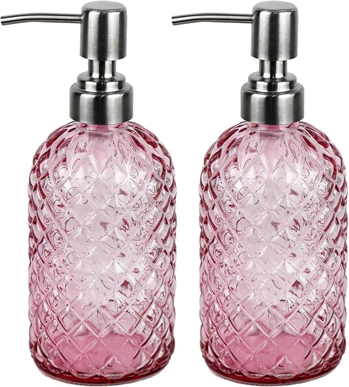 Funly mee Bathroom & Kitchen Glass Hand and Dish Soap Dispenser with 304 Rustproof Stainless Steel Pump (Pink-2pack)