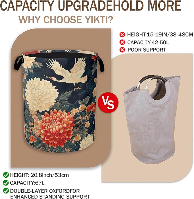 Collapsible Laundry Basket,Retro Crane Dirty Clothes Hamper,Vintage Flowers Hampers for Bedroom Waterproof Oxford Cloth Storage Organizer for Bathroom,Nursery,Dorm,16x20 Inch