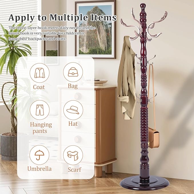 Free Standing Coat Rack with 14 Hooks, Vintage Wooden Coat Tree, Adjustable Height 73 Inches, Retro Coat Stand for Entryway, Living Room, Office & Bedroom (Mahogany) (Metal, 1 PCS)