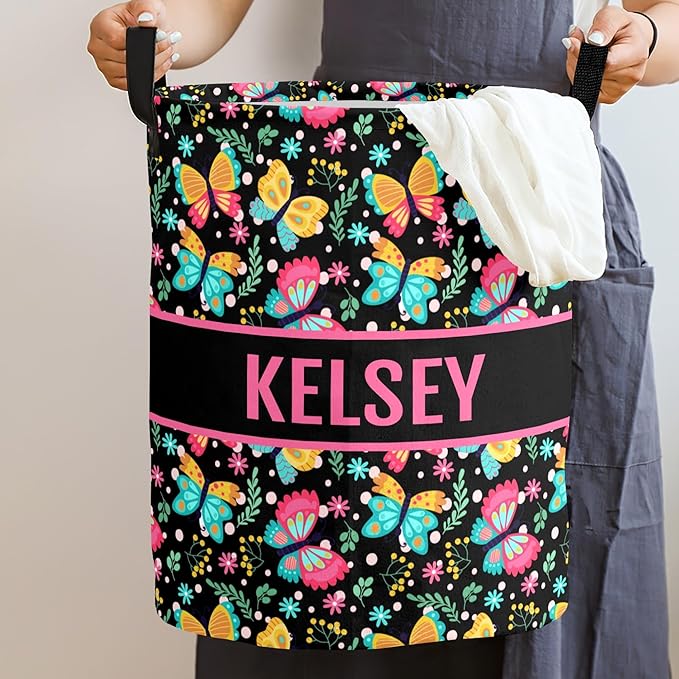 Large Custom Name Laundry Hamper, Butterfly Personalized Dirty Clothes Hamper Storage Basket with Name for Bathroom Bedrooms, Customized Name Circular Hamper with Handles for Baby Boys Girls Men Women