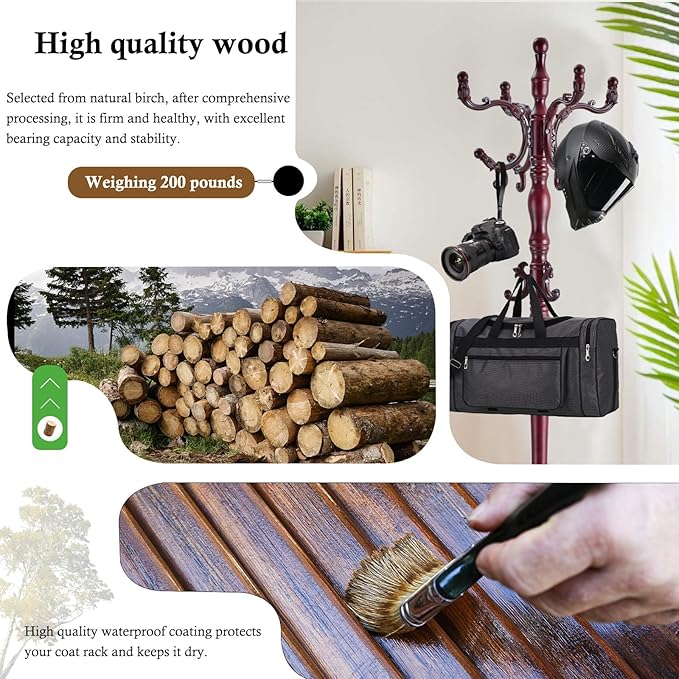 Coat Rack Stand, Solid Wooden Coat Tree with 14 Hooks, Heavy Duty Coat Rack Freestanding with Sturdy Triangle Base, Natural Birch Wood Coat Hanger Stand for Entryway Bedroom (Reddish-brown H12)