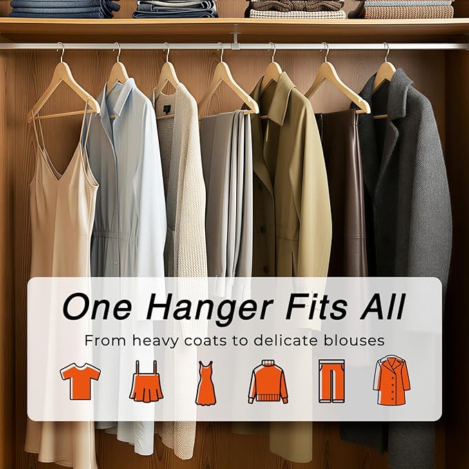 HOUSE DAY Slim Wooden Hangers 30 Pack, Solid Wood Hanger with Non Slip Shoulder Notches & Pant Bar, Smooth Finish Wood Clothes Hangers for Shirts, Suits, Jackets, Natural