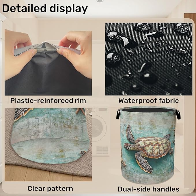Retro Map Turtle Large Clothes Hamper Bag - Laundry Basket with Handles, Space Saving Foldable Design for Nursery