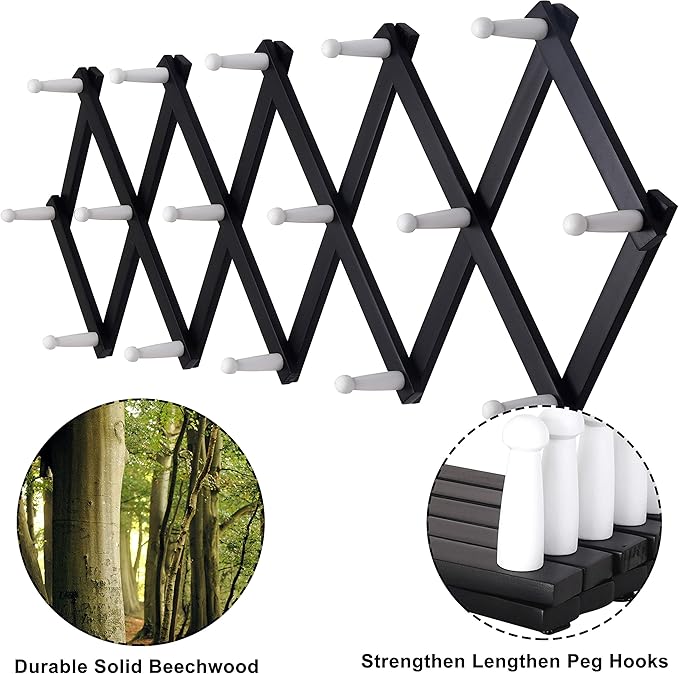 Dseap Accordian Wall Hanger: Wooden Coat Rack Wall Mounted, Hat Racks for Baseball Caps, Mug Rack, 16 Peg Hooks, Black & White