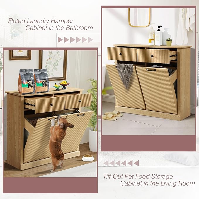 Modern Double Tilt Out Laundry Hamper Cabinet, Fluted 22 Gallon Hidden Garbage Cabinet with Storage Baskets, Wooden Trash Can Cabinets with Drawers (Natural Oak, 13"D x 39"W x 36"H (Full))