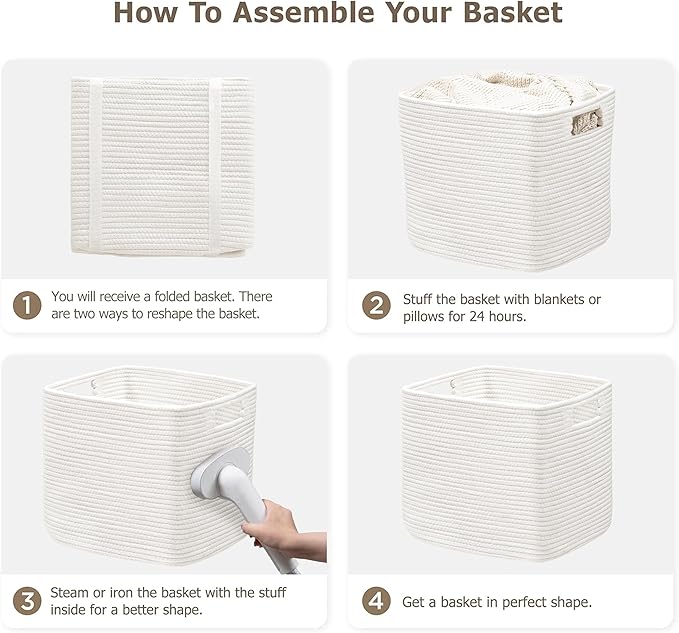 UBBCARE Set of 2 Kallax Storage Cubes-13 ×15 ×13 Inch, Cotton Rope Basket for Shelves, Toys, Book, Cube Storage Bin with Handles, Woven Storage Basket for Organizing, White