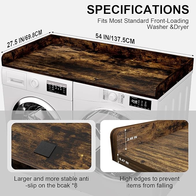 Washer Dryer Countertop, 27.5 x 54 Inch Washer and Dryer Countertop for Laundry Room Organization with Edge Wooden, Brown