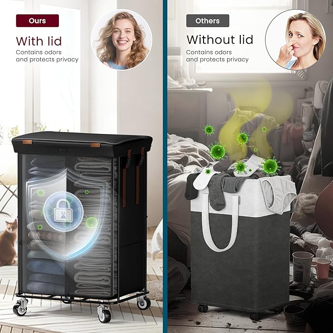 150L Rolling Laundry Basket with Wheels, Double Laundry Hamper with Lid and 2 Removable Bags, 2 Section Large Dirty Clothes Hamper for Laundry Room Bedroom Bathroom Dorm 19.7"Wx15.7"Dx31.9"H, Black