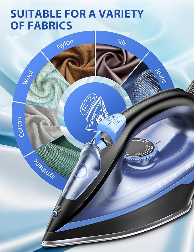 Steam Iron for Clothes 12s Fast Heat-up, 1500W Iron with 13.21oz Water Tank, 3-Way Auto shutoff, Burst Steam, Spray Mist, Anti-Drip, Self-Cleaning, Vertical Ironing for Home 20260108A