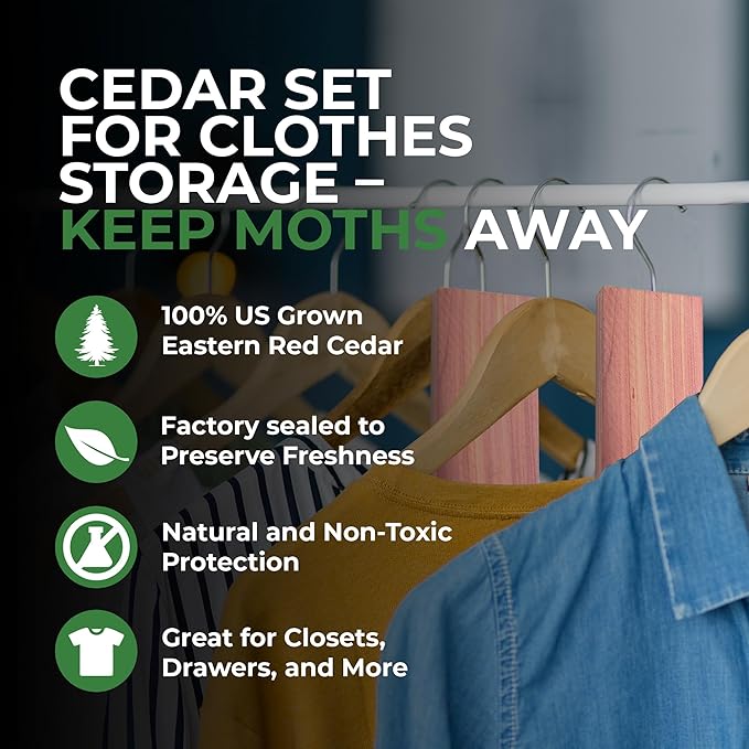 Cedar Blocks and Balls for Clothes Storage 40 Pack - Stop Clothes Damage - 10 Fresh Planks and Hangers Plus 30 Cedar Balls to Protect Your Clothing