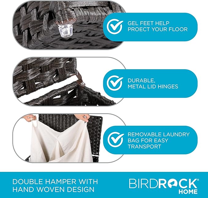 BIRDROCK HOME Divided Laundry Hamper with Lid - Brown - Double Sorter with Liner Bags - Large Collapsible Hampers - Foldable Bin - Synthetic PE Rattan - Hand Woven - Clothes Basket