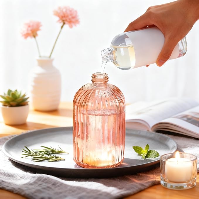 Glass Soap Dispenser with Gold Plastic Pump, 13.5oz Glass Striped Hand Soap Dispenser, 2 Refillable Hand Liquid Dispenser Set for Modern Home Decor, Bathroom, Kitchen Countertop, Hotel (Orange)