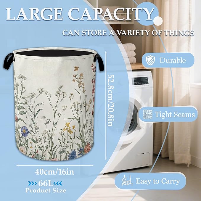 Vintage Floral Laundry Basket Collapsible Laundry Hamper with Handle, Oxford Clothes Toy Storage Bin for Bathroom Bedroom Room Decor, Gift Basket 16" X 20.8"