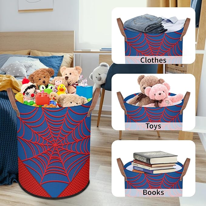 Large Laundry Hamper Basket Blue Spider Web Round Collapsible Storage Organizer Bin for Kids Room, Boys, Nursery, Closet, Bedroom, Playroom, Toys, Dirty Clothes, 16"W x 20"H