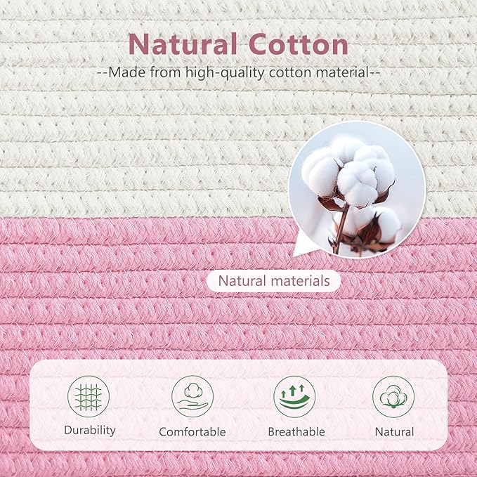 Cotton Rope Basket, Storage Baskets with Handle, 15x10x9 Inch Woven Basket for Shelves, Laundry, Towels, Clothes, Books (White/Pink 2Pack)