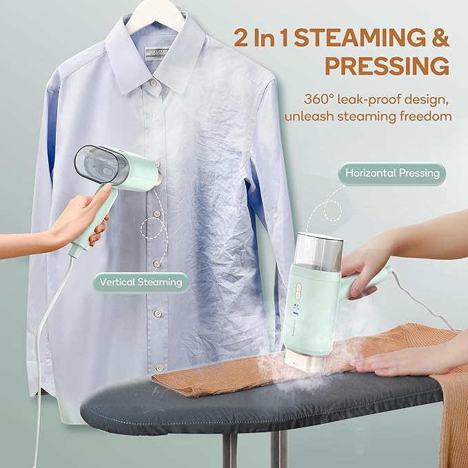 Newbealer Professional Business Travel Steamer, 1200W High-Power Dual Voltage (100-240V), Fast 20s Heat Up for Clothes Horizontal Vertical Steaming, Foldable & Solid 1.72 lbs, 180ml (Green)