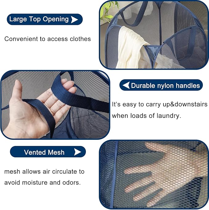Collapsible Laundry Baskets Mesh Pop Up Laundry Basket Portable Laundry Hamper, Foldable Clothes Basket Storage Hampers (Blue - 2 Pack)