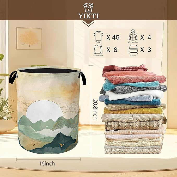 Laundry Hamper,Boho Sunrise Laundry Basket,Watercolor Green Mountain Portable Collapsible Laundry Room Organization Storage for Dorm Room,Nursery,Bathroom,Bedroom,16x20 Inch