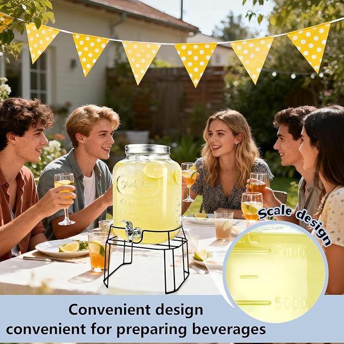 2 Gallon Glass Drink Dispensers For Parties,Beverage Dispenser with Stand,Fruit Infuser,Mason Jar Water Dispenser for Juice/Tea,Lemonade Dispenser for Parties,BPA Free Clear Water Pitcher with Spigot