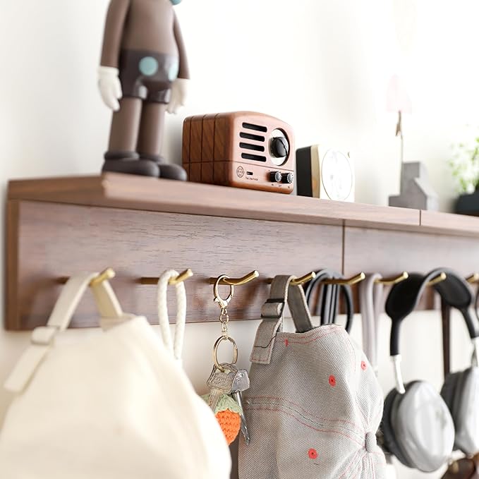5-Hook Wall Mounted Coat Rack with Storage Shelf - Multi-Functional Key & Jacket Hanger for Entryway, Walnut Finish, Style D-2