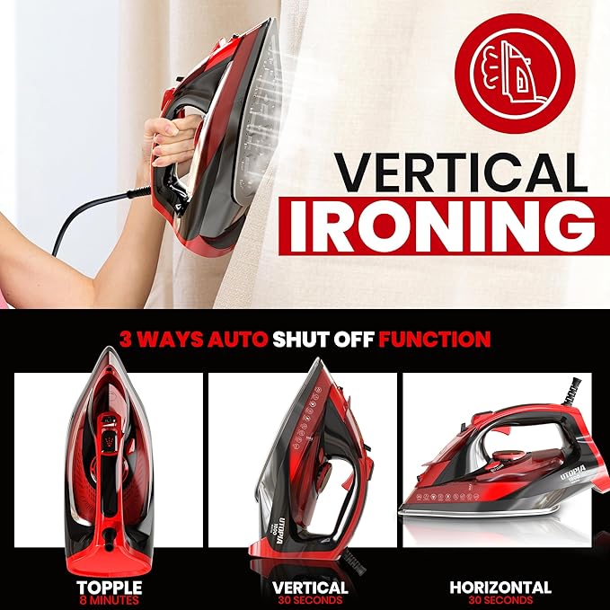 Utopia Home Steam Iron for Clothes - Non-Stick Soleplate - 1800W Clothes Iron With Auto-Off Safety Feature - Adjustable Thermostat Control, Variable Steam Control, Self-Clean, 8 Feet Cord (Black/Red)