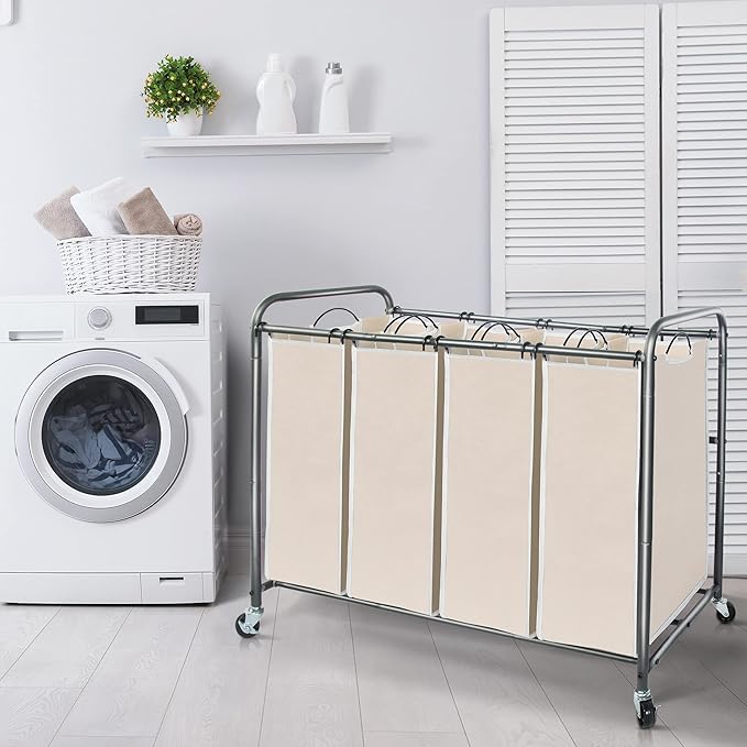 Laundry Sorter Hamper with Wheels, Heavy-Duty Laundry Sorter Rolling Cart, Lockable Wheels and Removable Bags, 4 Sections, Beige