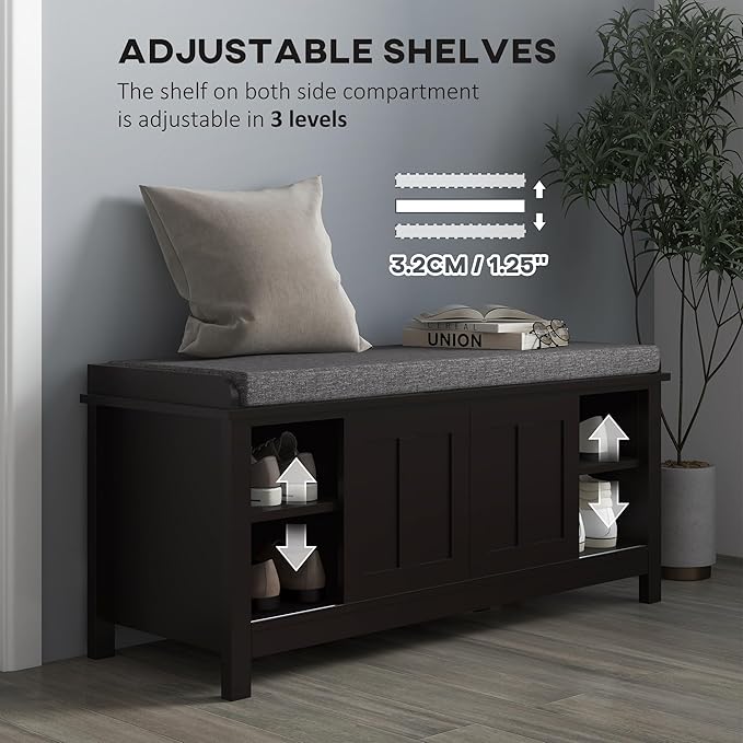 HOMCOM Entryway Shoe Bench Storage Ottoman with Sliding Doors, Adjustable Shelving, 6 Compartments, and Padded Seat, Holds 10 Pairs, Black