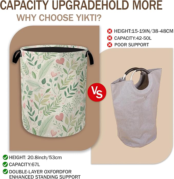 Spring Green Leaves Laundry Hamper,Rustic Wildflower Herb Clothes Hamper for Laundry,Waterproof Oxford Toy Storage Collapsible Hampers for Bedroom, Dorm Room,Bathroom,16x20 Inch