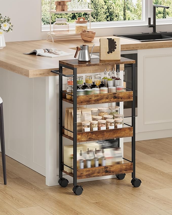 4-Tier Slim Storage Cart, 9.1'' Kitchen Serving Trolley, Slim Rolling Cart with Handle and Guard Rails, Slim Cabinet for Small Spaces, for Dining Room, Rustic Brown and Black TTC03BF