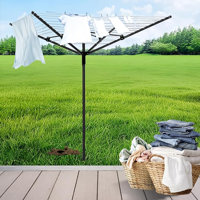 Umbrella Clothesline Outdoor |165 Feet Heavy Duty Rotary Outdoor Umbrella Drying Rack with 4-Aluminum Arms and Steel Post 12-Lines | Adjustable Height & Retractable Clothes Drying Rack for Backyard