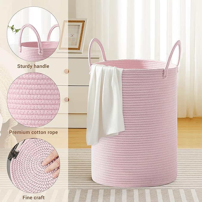 Girls' Tall Laundry Basket with Handles, 72L Portable Dirty Clothes Hamper, Boho Cotton Rope Storage Bin for Blankets Kids Toys Gifts, Decorative Organizer for Nursery Bedroom Bathroom, Pink