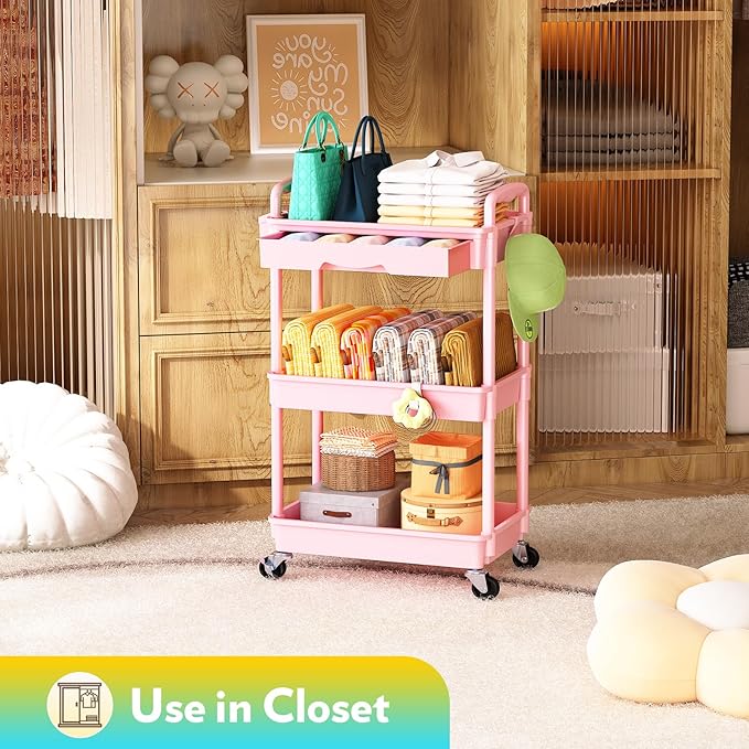 Makeup Cart Organizer with Drawers, Floor Skincare Organizers Vanity Storage Organizer, Rolling Makeup Bathroom Storage Cart Cosmetics Display Cases for Skin Care Perfume Nail Polish, Pink