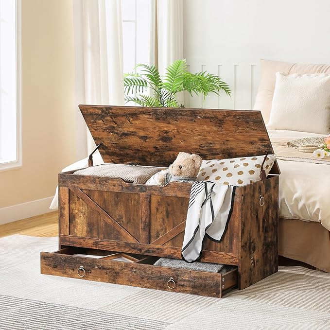 HOOBRO Storage Chest, 39.3" Toy Chest with Drawer, Wooden Storage Bench, Sturdy Entryway Bench Supports 220 lb, Shoe Bench, Safety Hinge, U-Shaped Opening, Easy Assembly, Rustic Brown FG710CW01G1