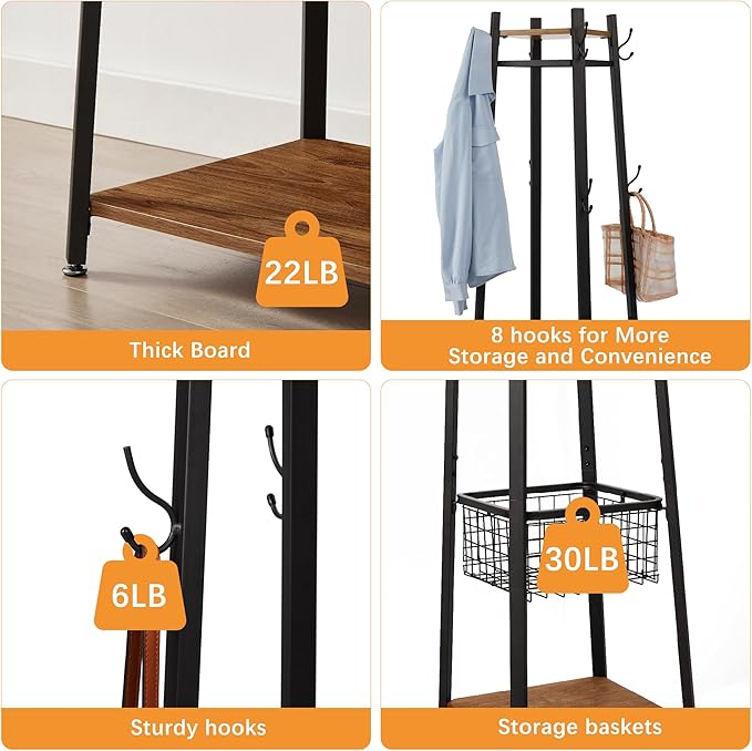 VECELO Coat Rack Freestanding,Hall Tree with Metal Basket and Storage Shelves,Industrial Coat Rack Stand with 8 Hooks for Hanging Coats/Hats/Bags/Umbrellas,18 x 18 x 72 In,Vintage Brown