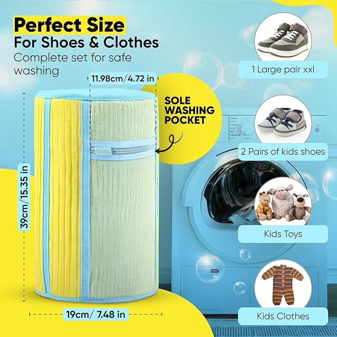 Shoe Washing Machine Bag (2 Pack) – 360° Thick Protection, Highly Durable Mesh Sneaker Washer w/Zipper Lock & Side Pockets – Deep Cleaning Sneaker Laundry Bag for Spotless Shoes